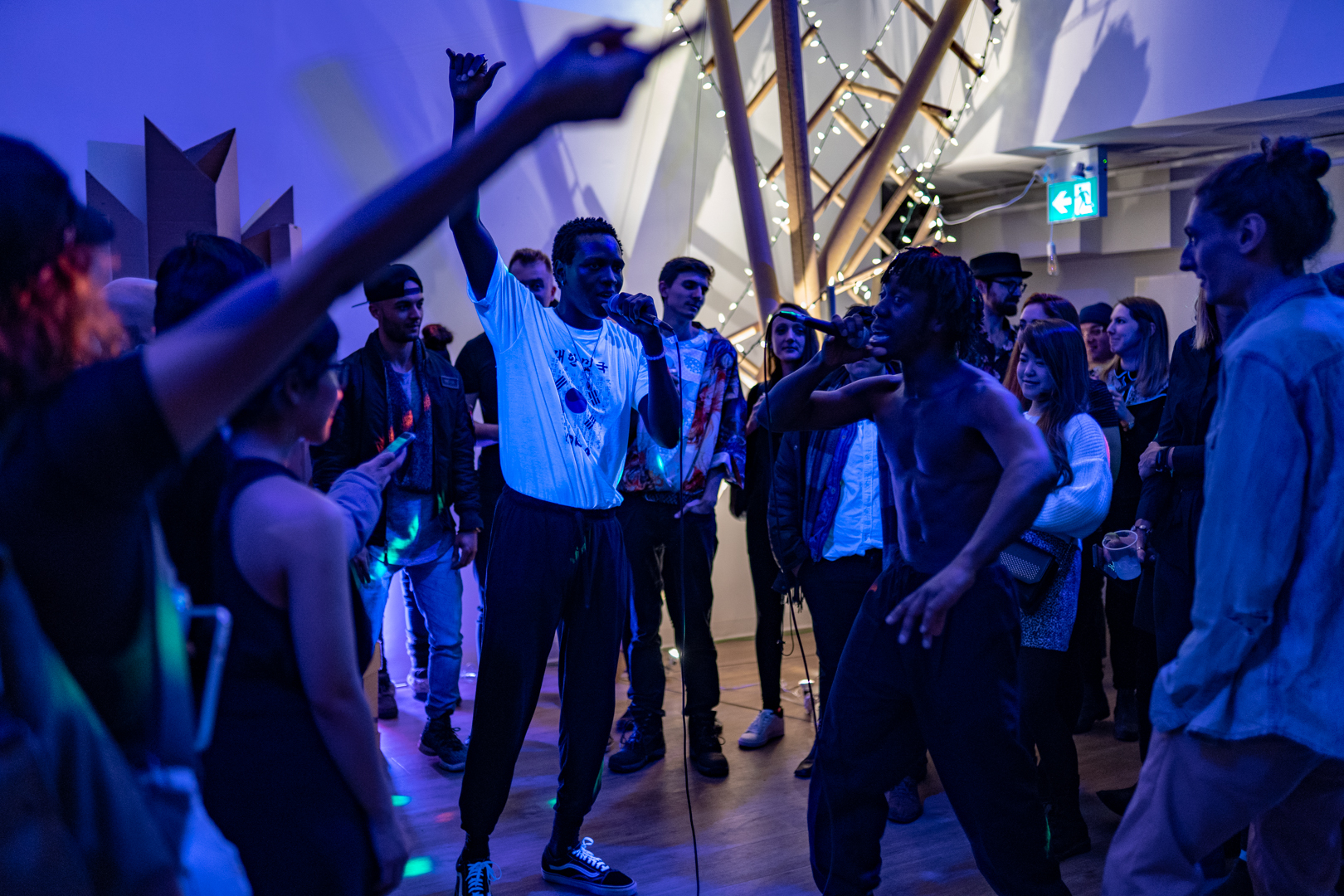 T.dot Bangerz Brass in front of Bucky’s DNA by Ron Wild and David at PULP art party 2019 - photo by Maiku Creative Productions